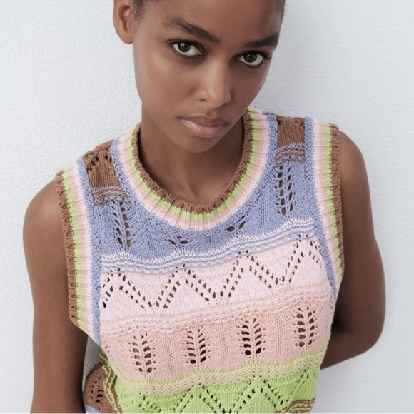 Zara Preppy Spring Crochet Knit Sweater Vest Crop Top Size Small Multi Stripes - Picture 3 of 17